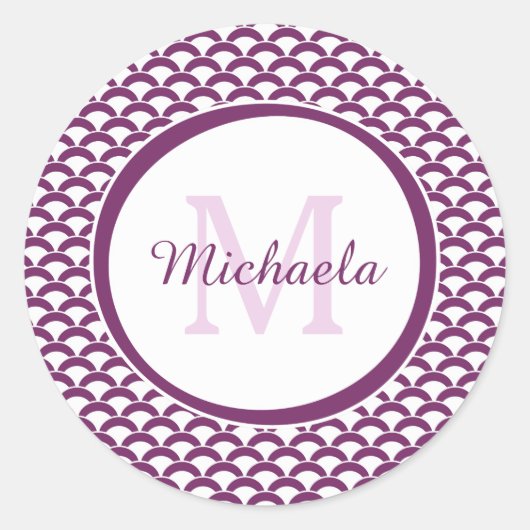 Sticker Rond Monogramme et nom des pétoncles violets et blancs  (Devant)