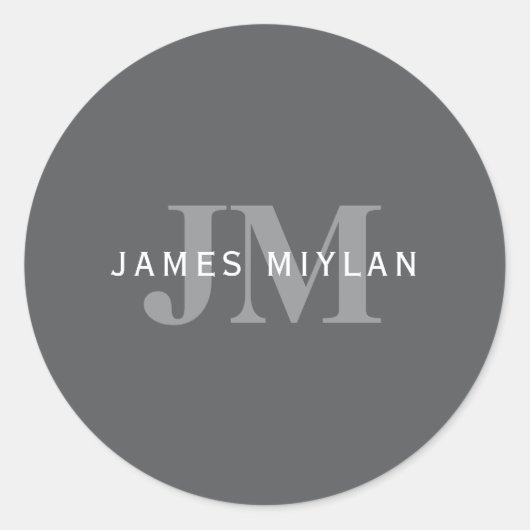 Sticker Rond Monogramme et nom gris foncé moderne (Devant)