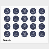 Sticker Rond Monogramme et nom personnalisés en script et bleu (Feuille)