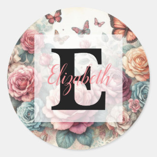 Sticker Rond Monogramme et nom sur fleurs aquarelles vintage
