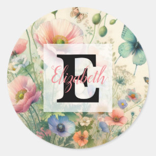 Sticker Rond Monogramme et nom sur fleurs aquarelles vintage