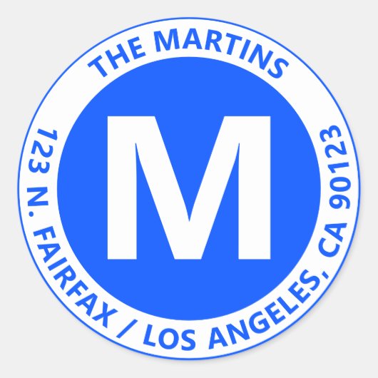 Sticker Rond Monogramme et texte bleu et blanc très gras (Devant)