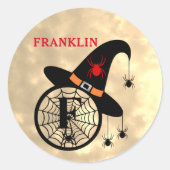 Sticker Rond Monogramme F Halloween Sky Witch Nom des araignées (Devant)