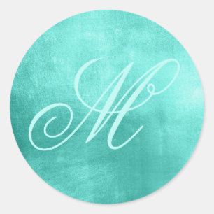 Sticker Rond Monogramme fantaisie feuille de faux turquoise bri