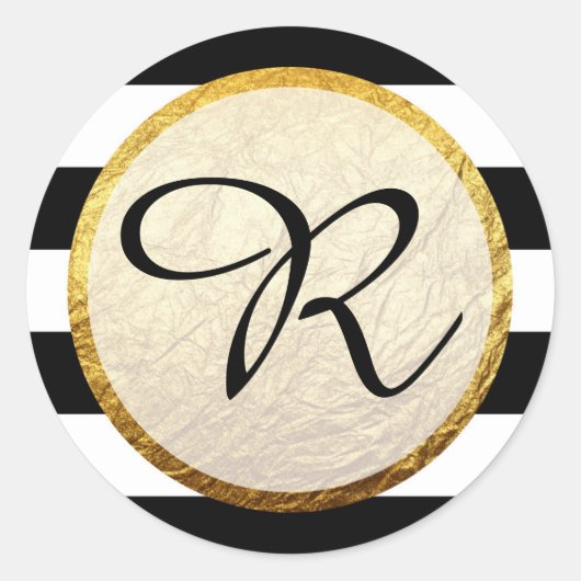 Sticker Rond Monogramme Faux Gold Black White Strig (Devant)