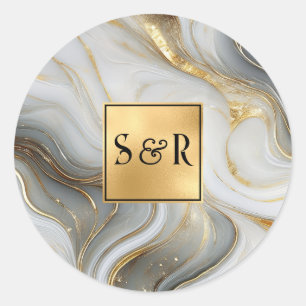 Sticker Rond Monogramme Faux Gold, Gris Blanc Marbré Mariage