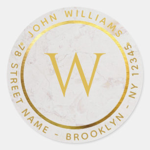 Sticker Rond Monogramme Faux Gold Marble Circulaire Adresse de