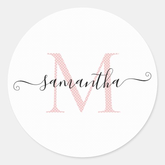 Sticker Rond Monogramme Féminin Rose Pâle et Blanc à Points (Devant)