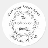 Sticker Rond Monogramme Feuilles Adresse Noir Blanc (Devant)