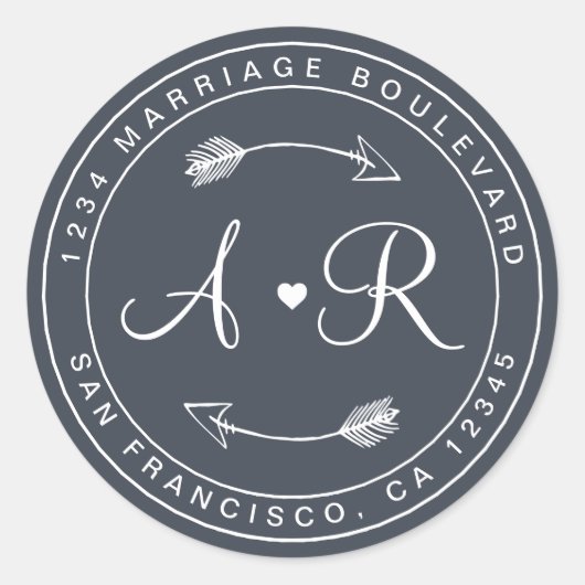 Sticker Rond Monogramme Flèche de coeur Bleu Mariage Adresse de (Devant)