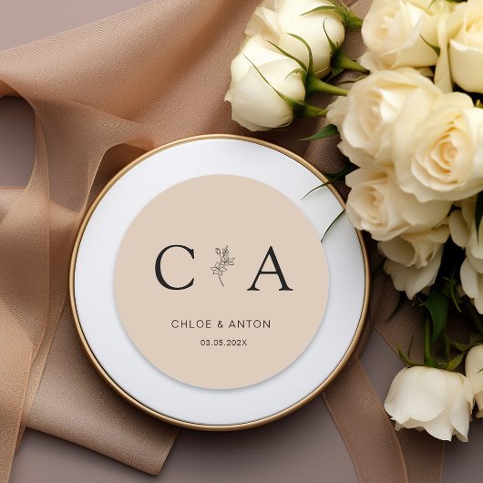 Sticker Rond Monogramme, Fleur Line-Art, Mariage, Beige-Brown