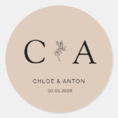 Sticker Rond Monogramme, Fleur Line-Art, Mariage, Beige-Brown (Devant)