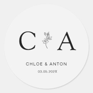 Sticker Rond Monogramme, Fleur Line-Art, Mariage, Gris clair