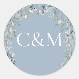 Sticker Rond Monogramme fleur sauvage Floral Dusty Blue