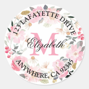Sticker Rond Monogramme Fleurs roses Adresse de retour