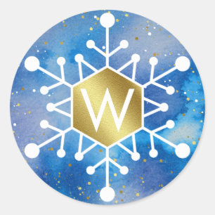 Sticker Rond Monogramme flocon de neige aquarelle bleu or