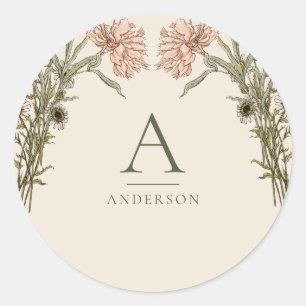 Sticker Rond Monogramme floral aquarelle vintage rose pâle