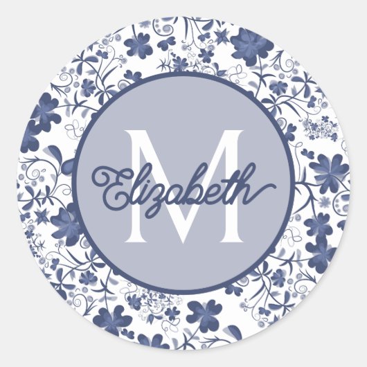 Sticker Rond Monogramme floral bleu gris et blanc (Devant)