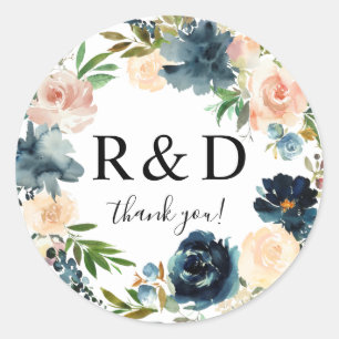 Sticker Rond Monogramme floral bleu marine et rose -