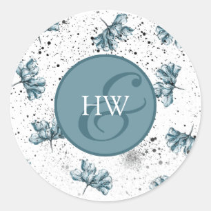 Sticker Rond Monogramme floral bleu peint à la main