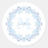 Sticker Rond Monogramme floral bleu personnalisé élégant (Devant)