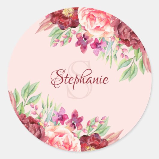 Sticker Rond Monogramme floral Bourgogne (Devant)