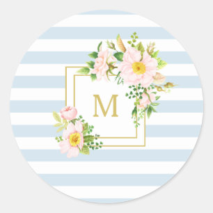 Sticker Rond Monogramme Floral Chic Pastel Bleu Bleu Rayures Ro