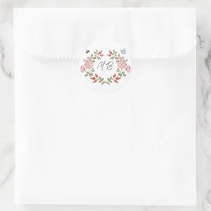 Sticker Rond Monogramme floral de baies de fleurs sauvages roug