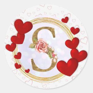 Sticker Rond Monogramme floral de lettre personnalisée et cœur 