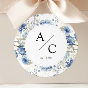 Sticker Rond Monogramme floral de mariage Hydrangea bleu poussi