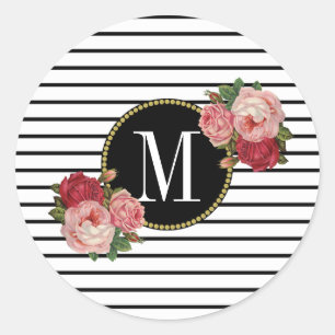 Sticker Rond Monogramme floral moderne rayé de blanc mou
