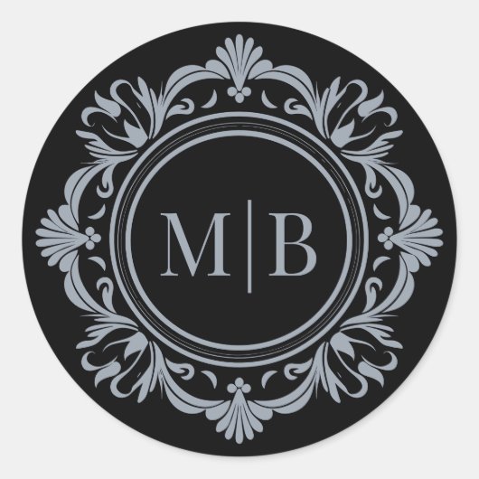 Sticker Rond Monogramme Floral Orné Mariage Argent Noir (Devant)