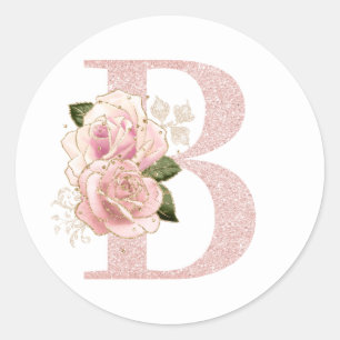 Sticker Rond Monogramme Floral Pailleté Rose Doré Féminin B