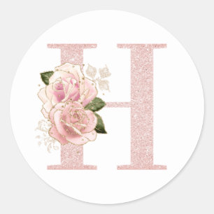 Sticker Rond Monogramme floral pailleté rose doré féminin H