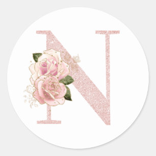 Sticker Rond Monogramme floral pailleté rose doré féminin N
