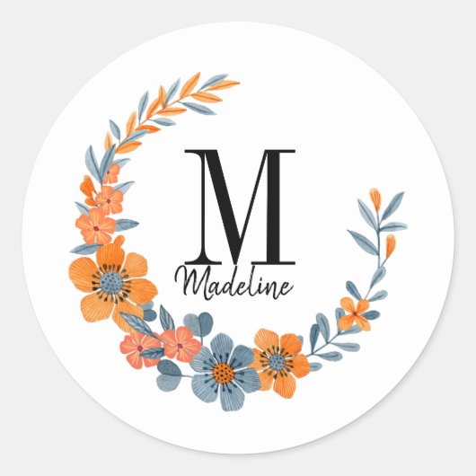 Sticker Rond Monogramme floral personnalisable Fleurs orange d' (Devant)