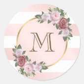 Sticker Rond Monogramme floral rayé rose vif (Devant)