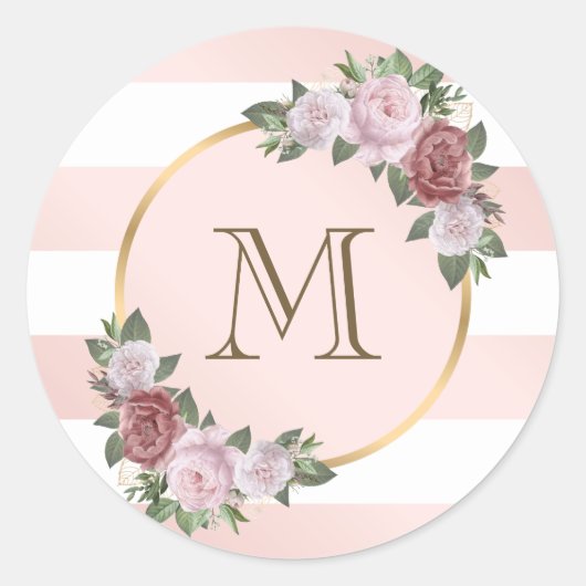 Sticker Rond Monogramme floral rayé rose vif (Devant)