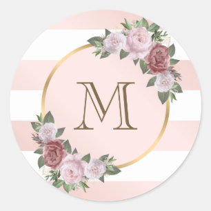 Sticker Rond Monogramme floral rayé rose vif