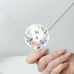 Sticker Rond Monogramme Floral Romantique Élégant de Mariage