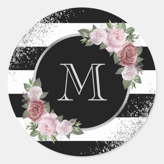 Sticker Rond Monogramme floral rose argent noir (Devant)