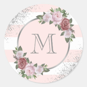 Sticker Rond Monogramme floral rose argenté