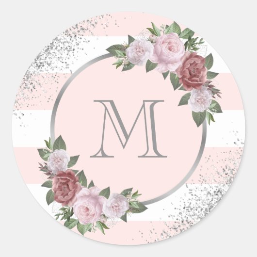 Sticker Rond Monogramme floral rose argenté (Devant)