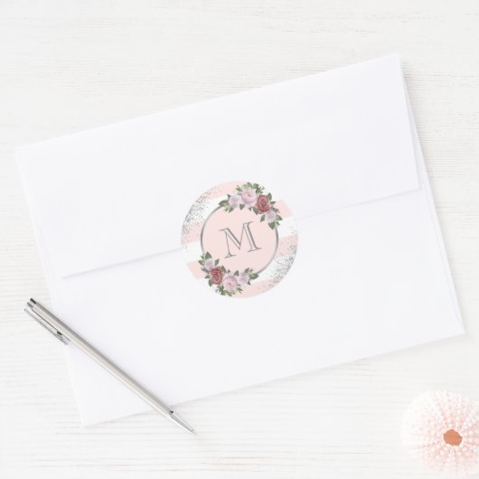 Sticker Rond Monogramme floral rose argenté (Enveloppe)