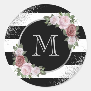 Sticker Rond Monogramme floral rose argenté noir