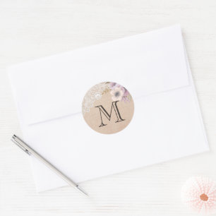 Sticker Rond Monogramme floral rose dentelle Burlap rustique