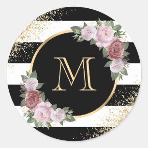 Sticker Rond Monogramme floral rose rose blanc blanc bleu sur m
