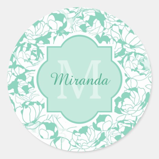 Sticker Rond Monogramme Floral Vert Mint Moderne Avec Nom (Devant)