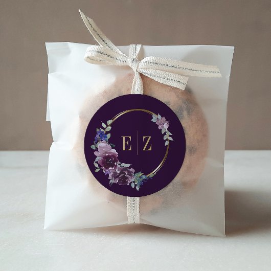 Sticker Rond Monogramme Floral violet Boho Gold Frame Mariage