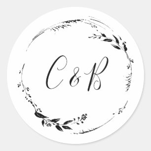 Sticker Rond Monogramme Floral Wreath White Script Mariage